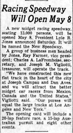 New Midget Speedway - April 1938 Opening Announcement